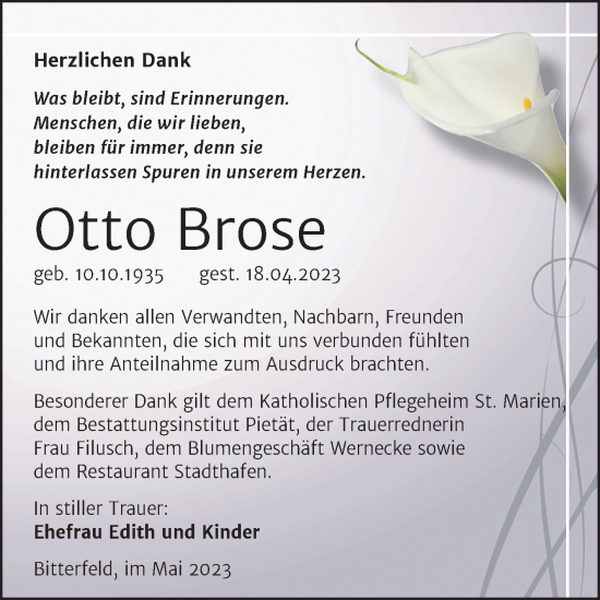Traueranzeige von Otto Brose von Trauerkombi Bitterfeld