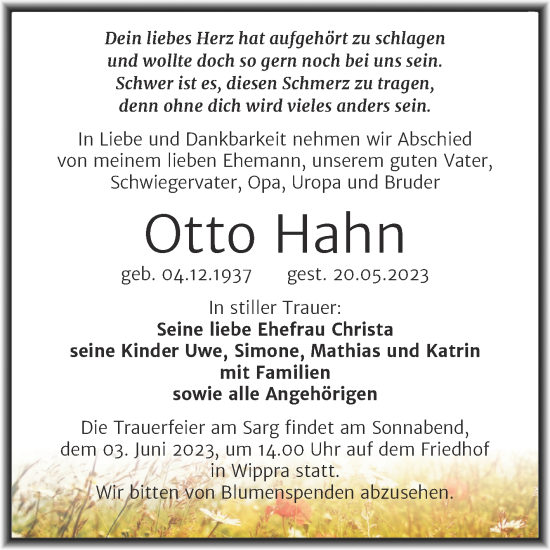 Traueranzeige von Otto Hahn von Mitteldeutsche Zeitung Mansfelder Land