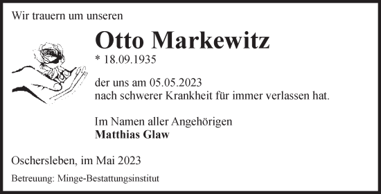 Traueranzeige von Otto Markewitz von Volksstimme Oschersleben/Wanzleben