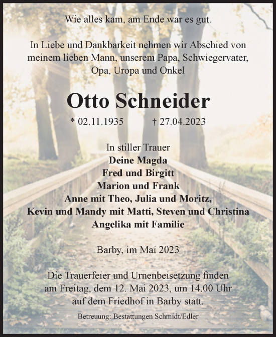Traueranzeige von Otto Schneider von Volksstimme Schönebeck
