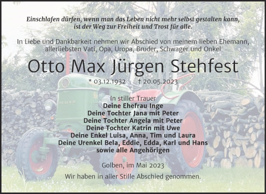 Traueranzeige von Otto Max Jürgen Stehfest von Trauerkombi Zeitz