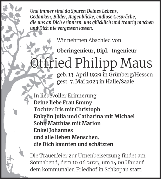 Traueranzeige von Ottried Philipp Maus von Trauerkombi Merseburg