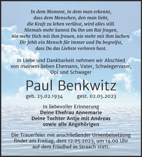 Traueranzeige von Paul Benkwitz von Trauerkombi Wittenberg