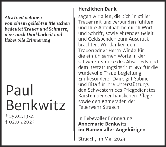 Traueranzeige von Paul Benkwitz von Trauerkombi Wittenberg