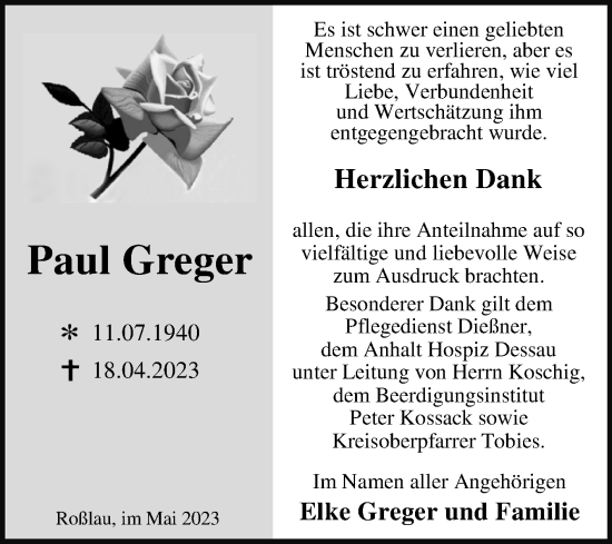 Traueranzeige von Paul Greger von Trauerkombi Dessau