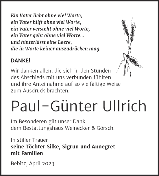 Traueranzeige von Paul-Günter Ullrich von Trauerkombi Bernburg