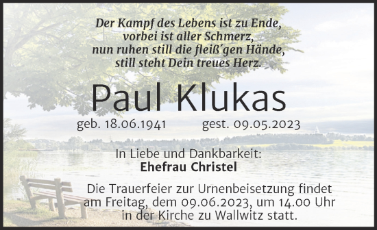 Traueranzeige von Paul Klukas von Mitteldeutsche Zeitung Halle/Saalkreis