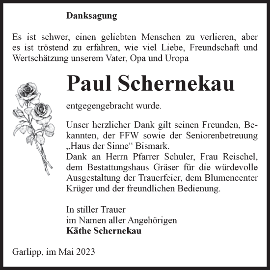 Traueranzeige von Paul Schernekau von Volksstimme Altmark Ost