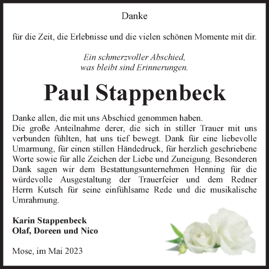 Traueranzeige von Paul Stappenbeck von Volksstimme Haldensleben/Wolmirstedt
