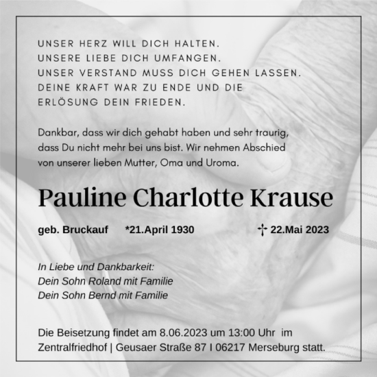 Traueranzeige von Pauline Charlotte Krause von Trauerkombi Merseburg