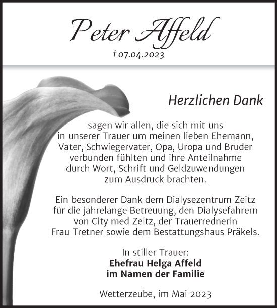Traueranzeige von Peter Affeld von Trauerkombi Zeitz
