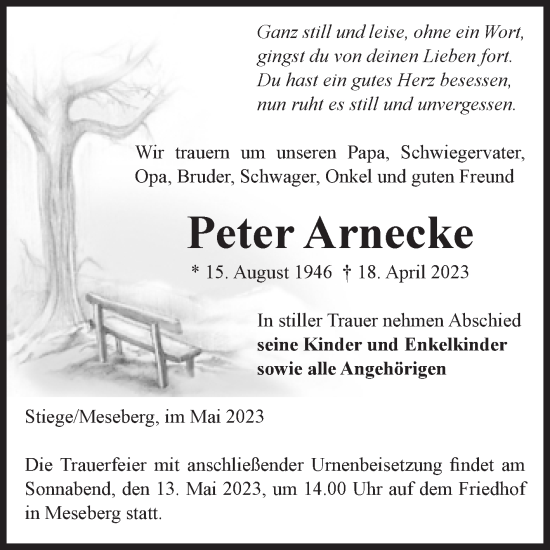 Traueranzeige von Peter Arnecke von Volksstimme Haldensleben/Wolmirstedt