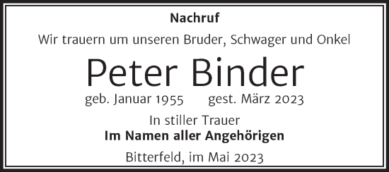 Traueranzeige von Peter Binder von Trauerkombi Bitterfeld