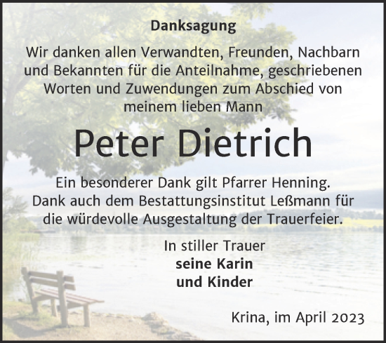 Traueranzeige von Peter Dietrich von Trauerkombi Bitterfeld