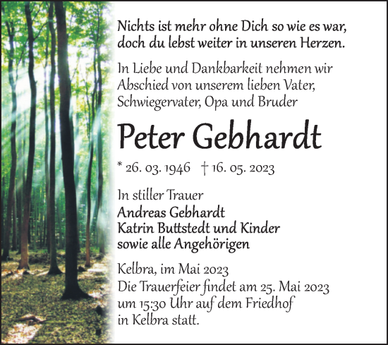 Traueranzeige von Peter Gebhardt von Trauerkombi Sangerhausen