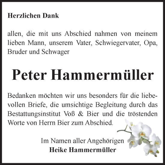 Traueranzeige von Peter Hammermüller von Volksstimme Wernigerode