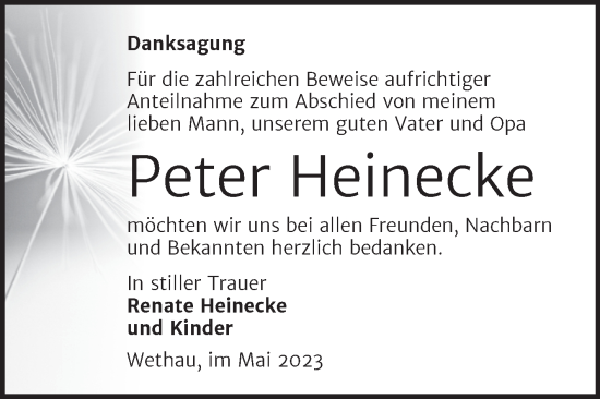 Traueranzeige von Peter Heinecke von Wochenspiegel Naumburg/Nebra
