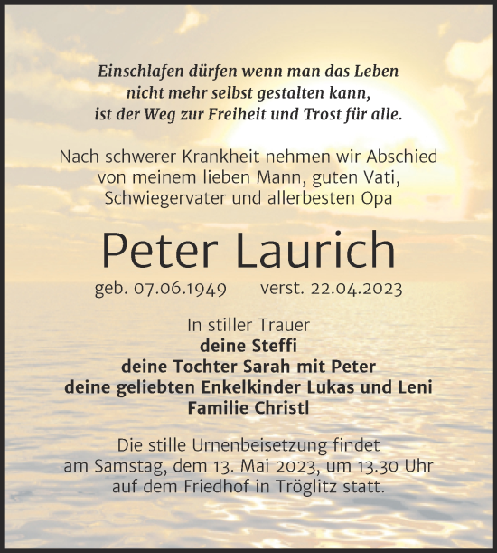 Traueranzeige von Peter Laurich von Trauerkombi Zeitz