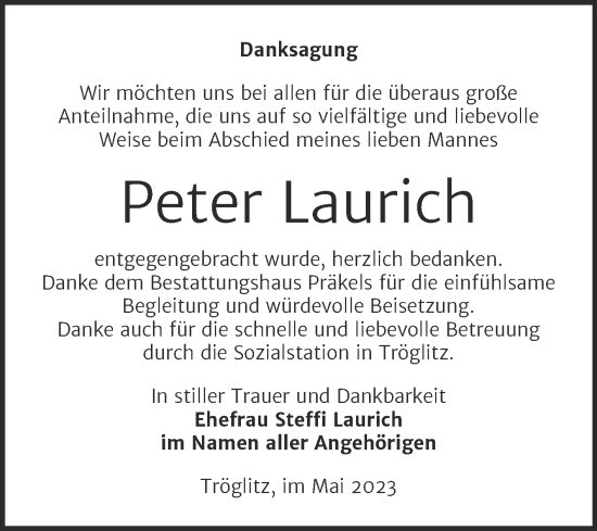 Traueranzeige von Peter Laurich von Trauerkombi Zeitz