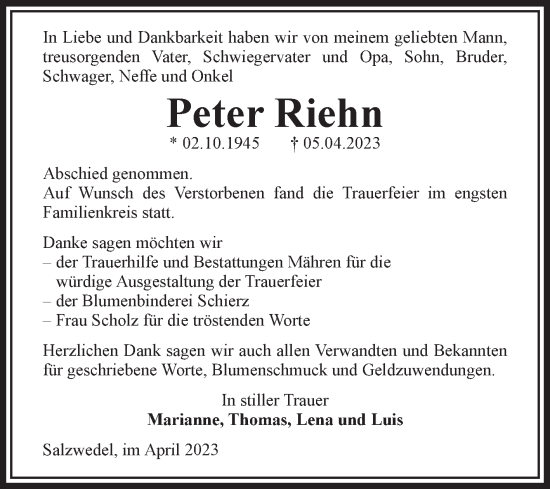 Traueranzeige von Peter Riehn von Volksstimme Altmark West