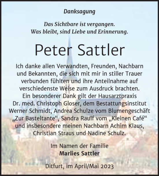 Traueranzeige von Peter Sattler von Trauerkombi Quedlinburg