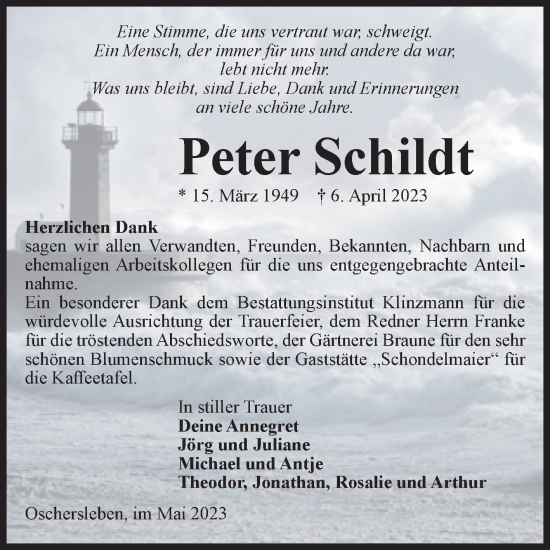 Traueranzeige von Peter Schildt von Volksstimme Oschersleben/Wanzleben