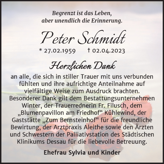 Traueranzeige von Peter Schmidt von Trauerkombi Bitterfeld