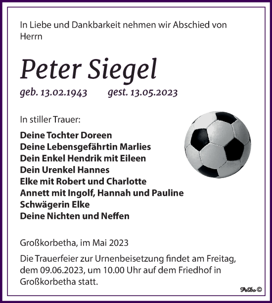 Traueranzeige von Peter Siegel von Trauerkombi Weißenfels