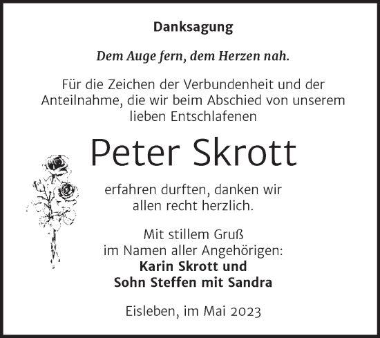 Traueranzeige von Peter Skrott von Trauerkombi Mansfelder Land