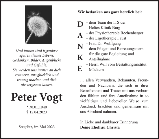 Traueranzeige von Peter Vogt von Volksstimme Burg/Genthin