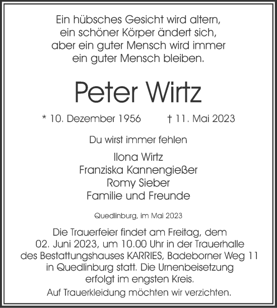 Traueranzeige von Peter Wirtz von Trauerkombi Quedlinburg
