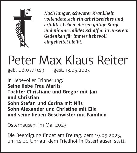 Traueranzeige von Peter Max Klaus Reiter von Mitteldeutsche Zeitung Mansfelder Land