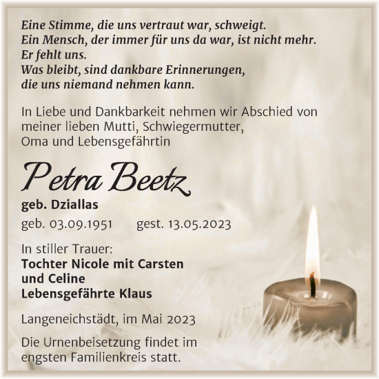 Traueranzeige von Petra Beetz von Trauerkombi Merseburg
