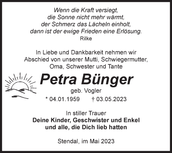Traueranzeige von Petra Bünger von Volksstimme Altmark Ost
