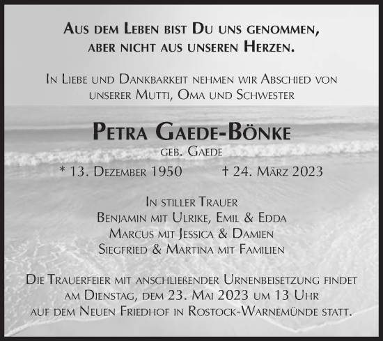 Traueranzeige von Petra Gaede-Bönke von Volksstimme Burg/Genthin
