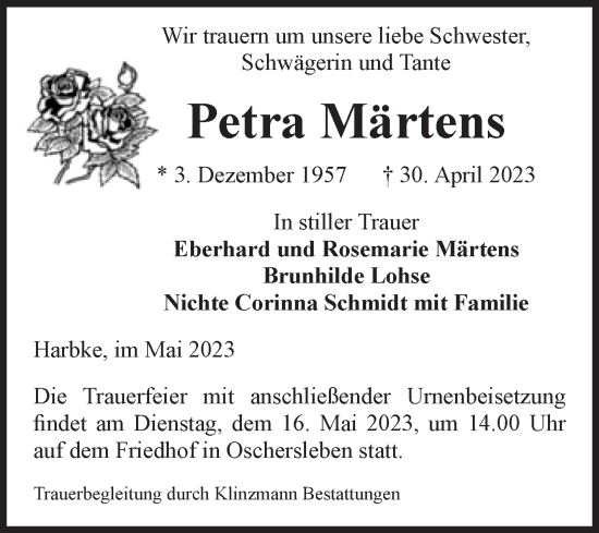 Traueranzeige von Petra Märtens von Volksstimme Oschersleben/Wanzleben