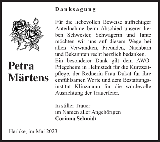 Traueranzeige von Petra Märtens von Volksstimme Oschersleben/Wanzleben