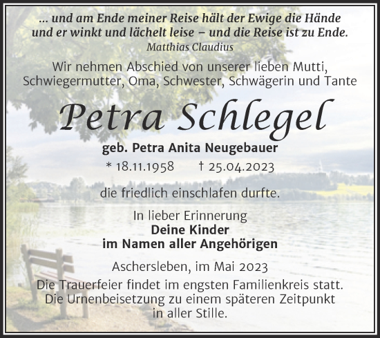 Traueranzeige von Petra Schlegel von Super Sonntag Aschersleben