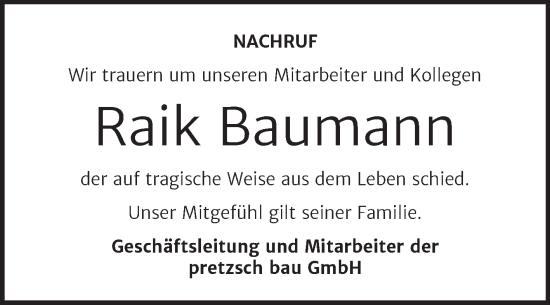 Traueranzeige von Raik Baumann von Super Sonntag Wittenberg