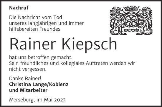 Traueranzeige von Rainer Kiepsch von Trauerkombi Merseburg