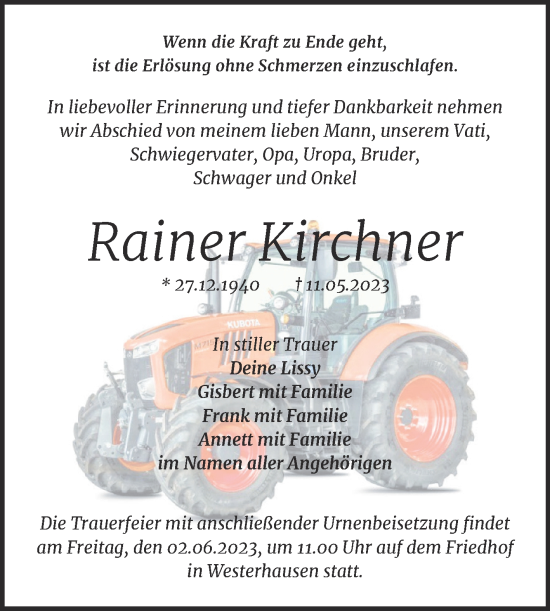 Traueranzeige von Rainer Kirchner von Trauerkombi Quedlinburg