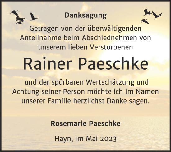 Traueranzeige von Rainer Paeschke von Trauerkombi Sangerhausen