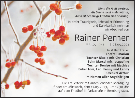 Traueranzeige von Rainer Perner von Trauerkombi Bernburg