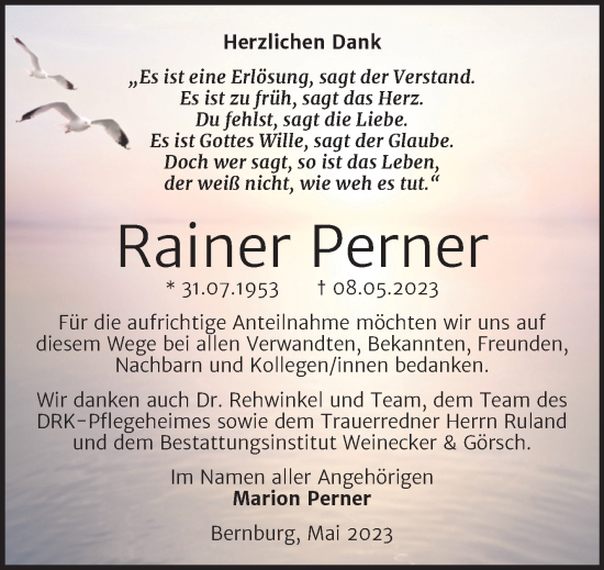 Traueranzeige von Rainer Perner von Trauerkombi Bernburg