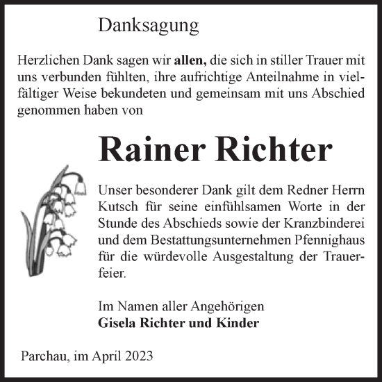 Traueranzeige von Rainer Richter von Volksstimme Burg/Genthin