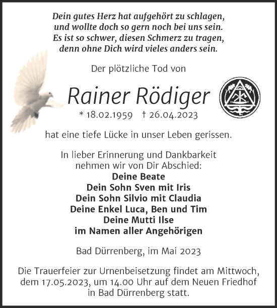 Traueranzeige von Rainer Rödiger von Trauerkombi Merseburg