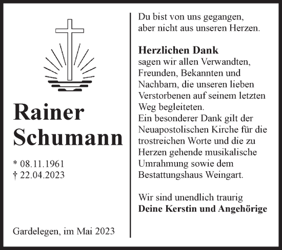 Traueranzeige von Rainer Schumann von Volksstimme Altmark West