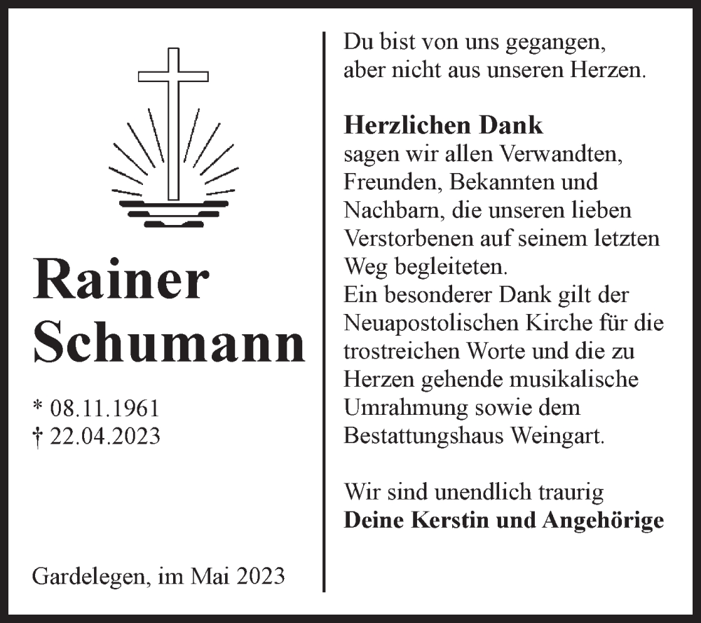  Traueranzeige für Rainer Schumann vom 26.05.2023 aus Volksstimme Altmark West