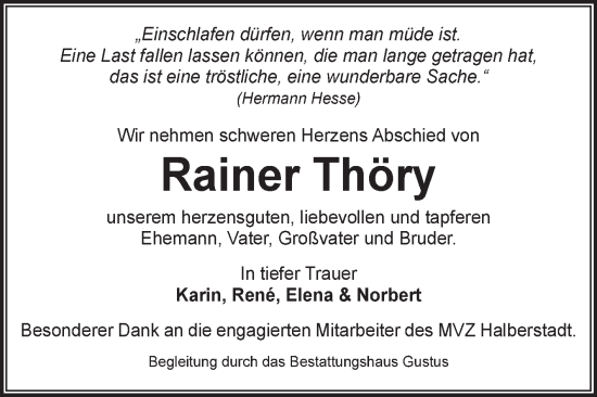 Traueranzeige von Rainer Thöry von Volksstimme Halberstadt