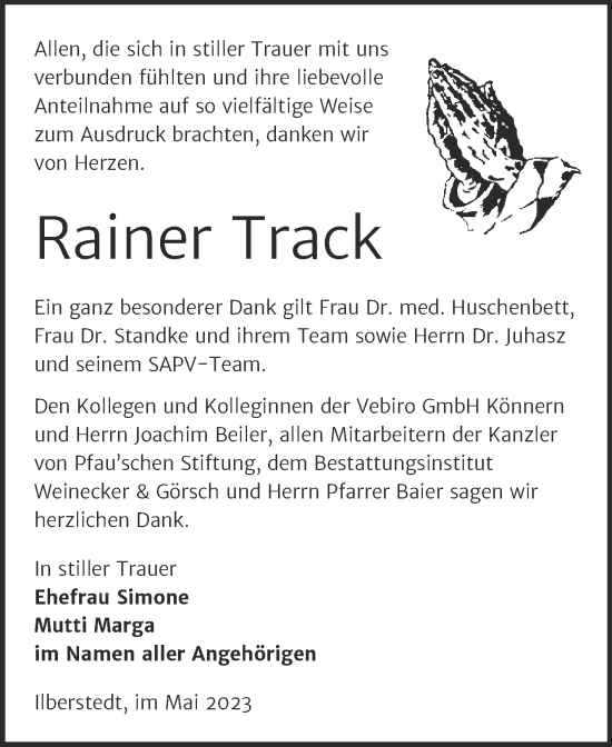 Traueranzeige von Rainer Track von Trauerkombi Bernburg